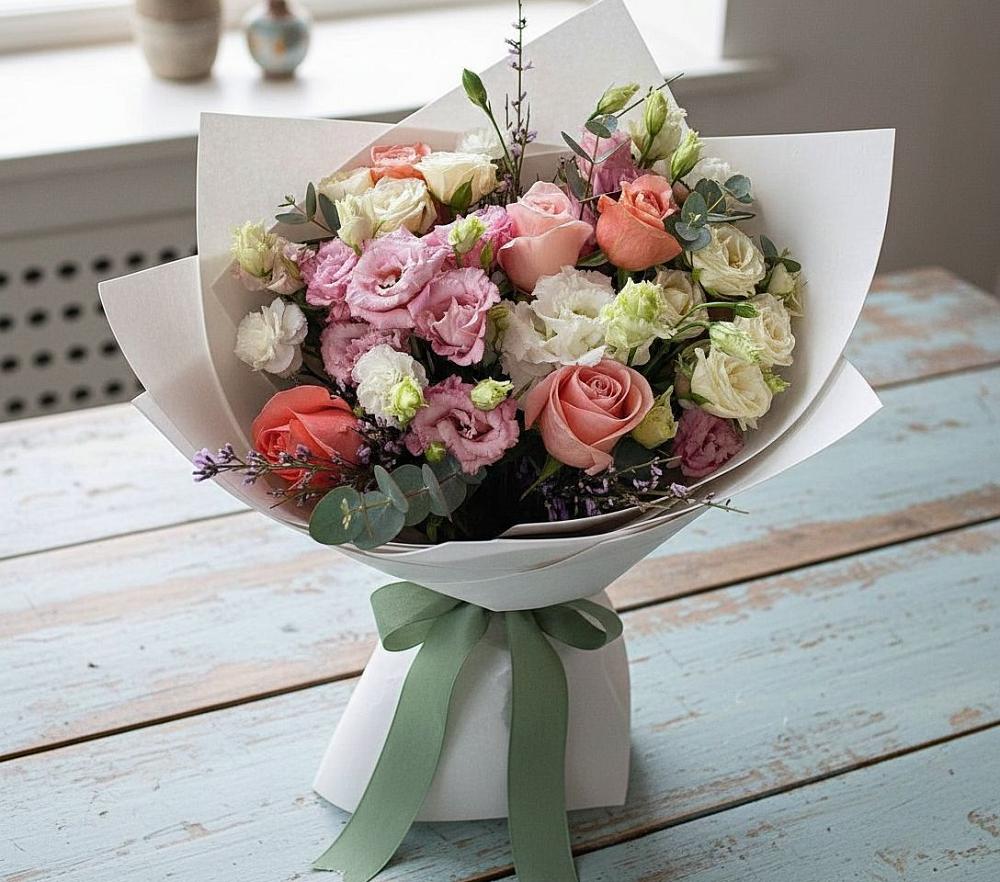 Букет цветов из: Розы, Лизиантусы и Гвоздики в Кирове Калужской области