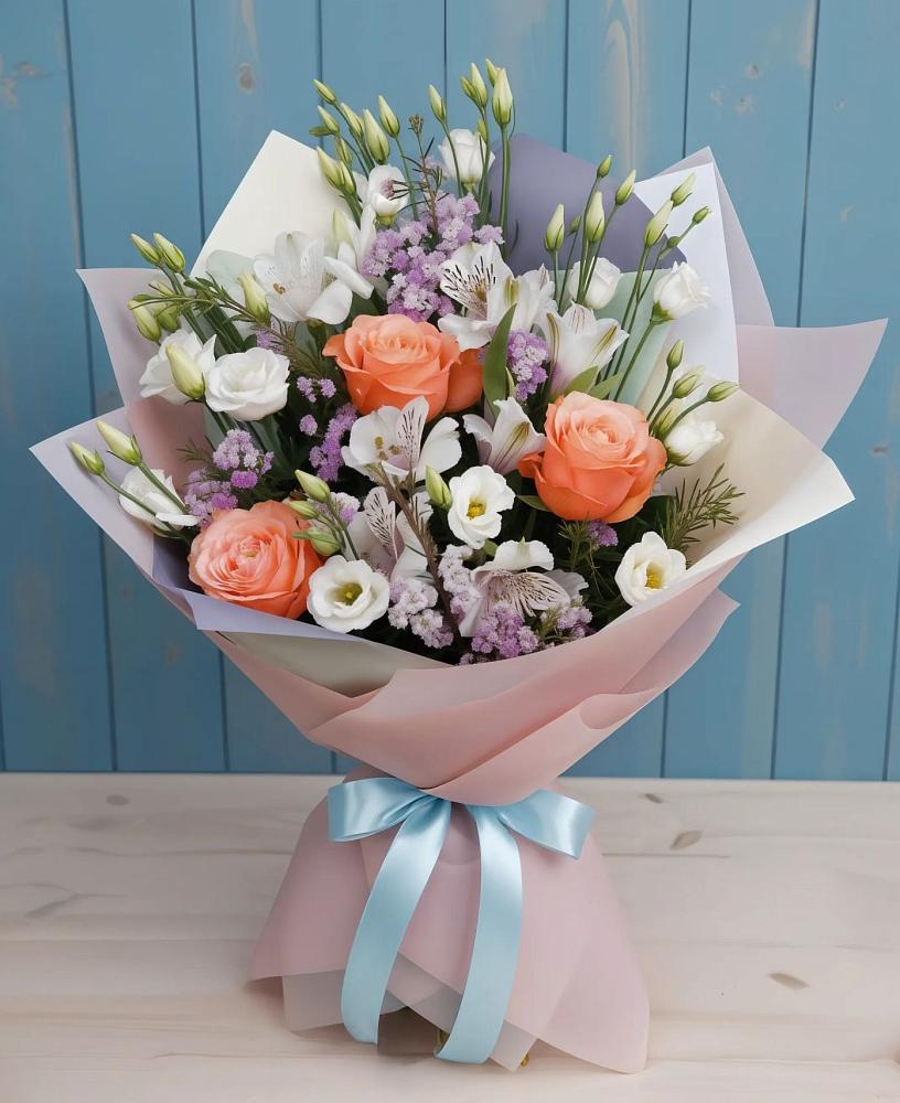 Букет цветов из: Лизиантусы, Розы, Альстромерии и Гипсофила в Кирове Калужской области