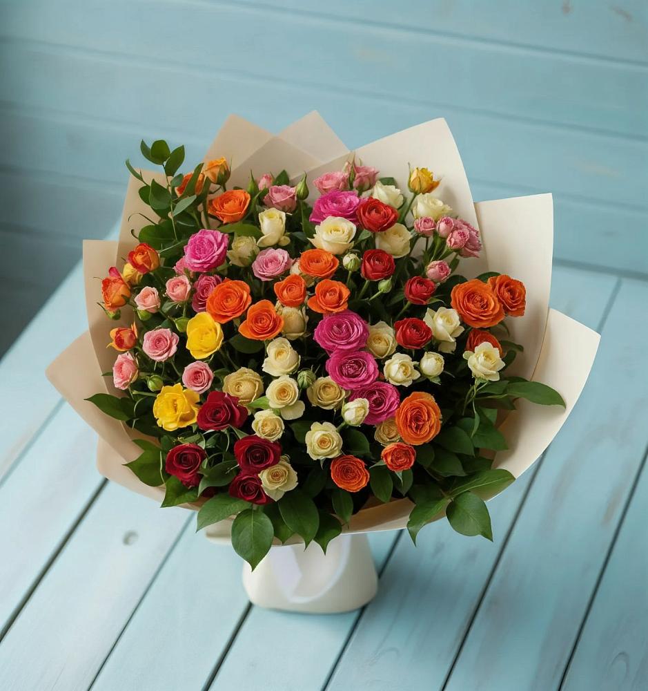 Букет Микс из разноцветных кустовых роз в Кирове Калужской области