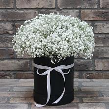 Цветочная композиция из Гипсофила в шляпной коробке в Кирове Калужской области